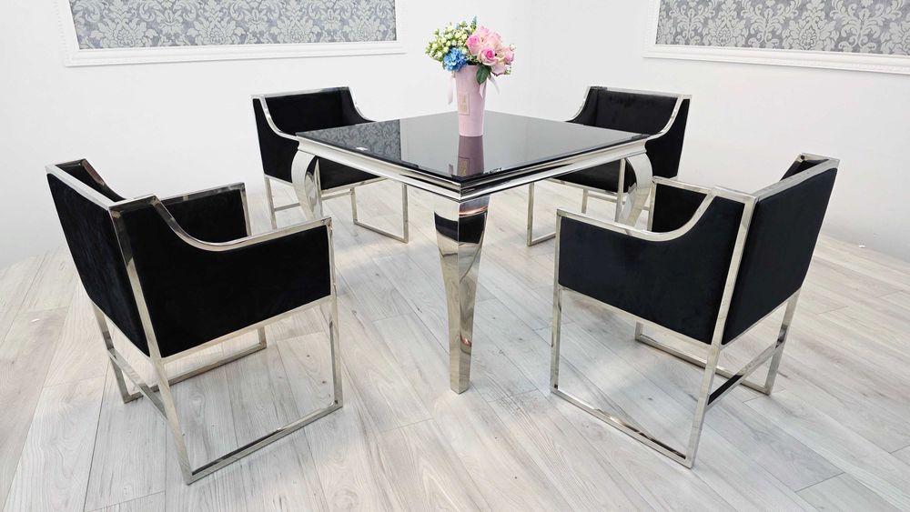 Jadalnia Glamour – Stół Ludwik 100x100 + 4 Krzesła Queen