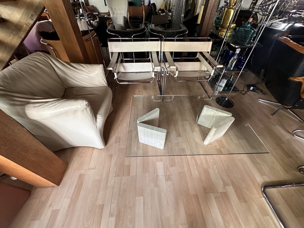 Mid century stolik kawowy trawertyn szkło 80x120x 31cm
