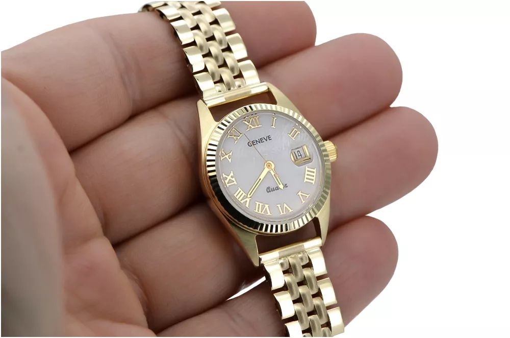 Złoty zegarek damski 14k Geneve z perłową tarczą lw020ydpr&lbw008y K