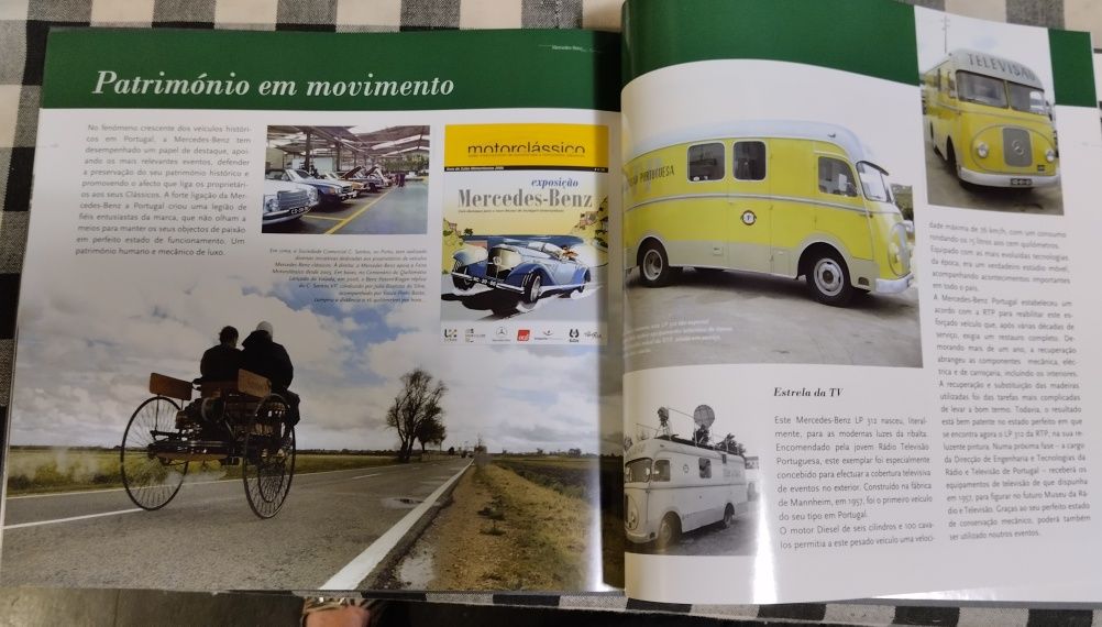 Livro com ilustrações e textos sobre a Mercedes Benz em Portugal