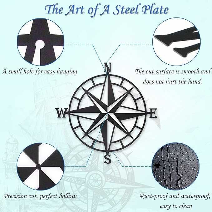 Czarny Duży Dekoracyjny Kompas Morski Dekoracja Ścienna