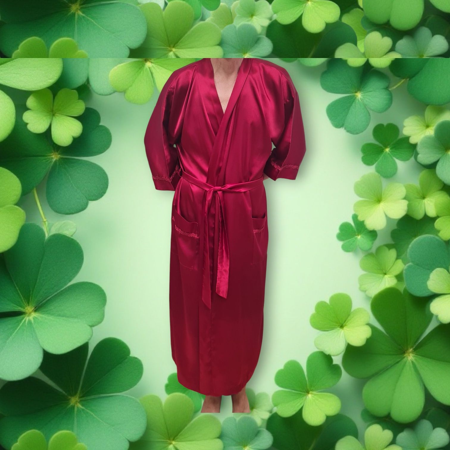 Elegancki szlafrok satyna ciemnoczerwony podomka M L XL