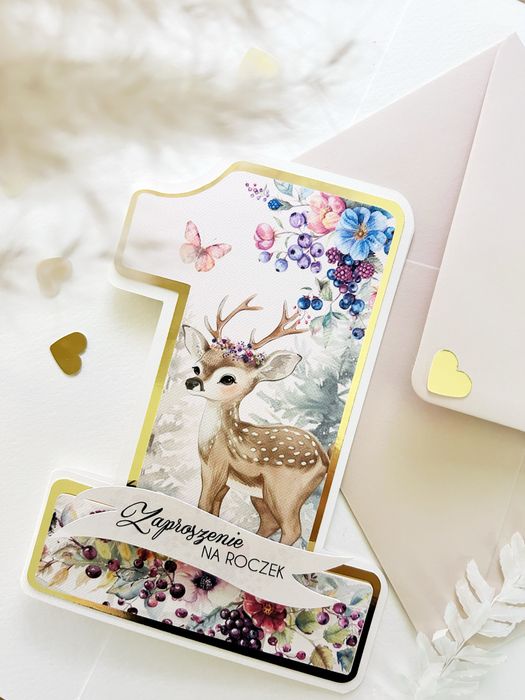 Zaproszenia w kształcie jedynki na roczek sarenka