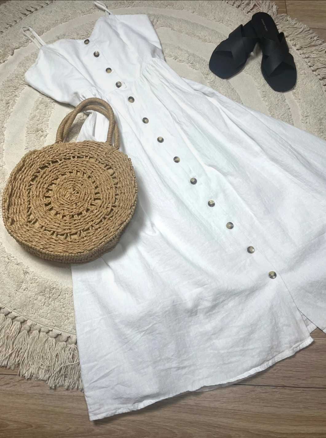 H&M dluga biala midi sukienka lniana na lato len bawelna