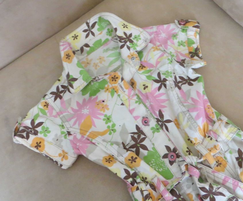Vestido 5/6 anos, Florido, Sarja, Manga curta, com pala e 1 botão