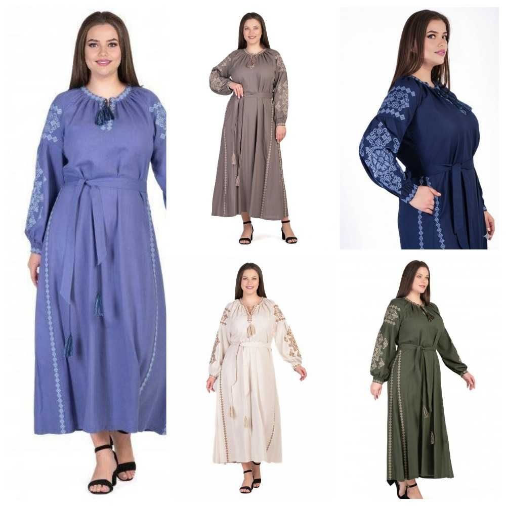 Темно-синя сукня-вишиванка, льон, максі, р-ри: S, M, L, XL, 2XL, 3XL