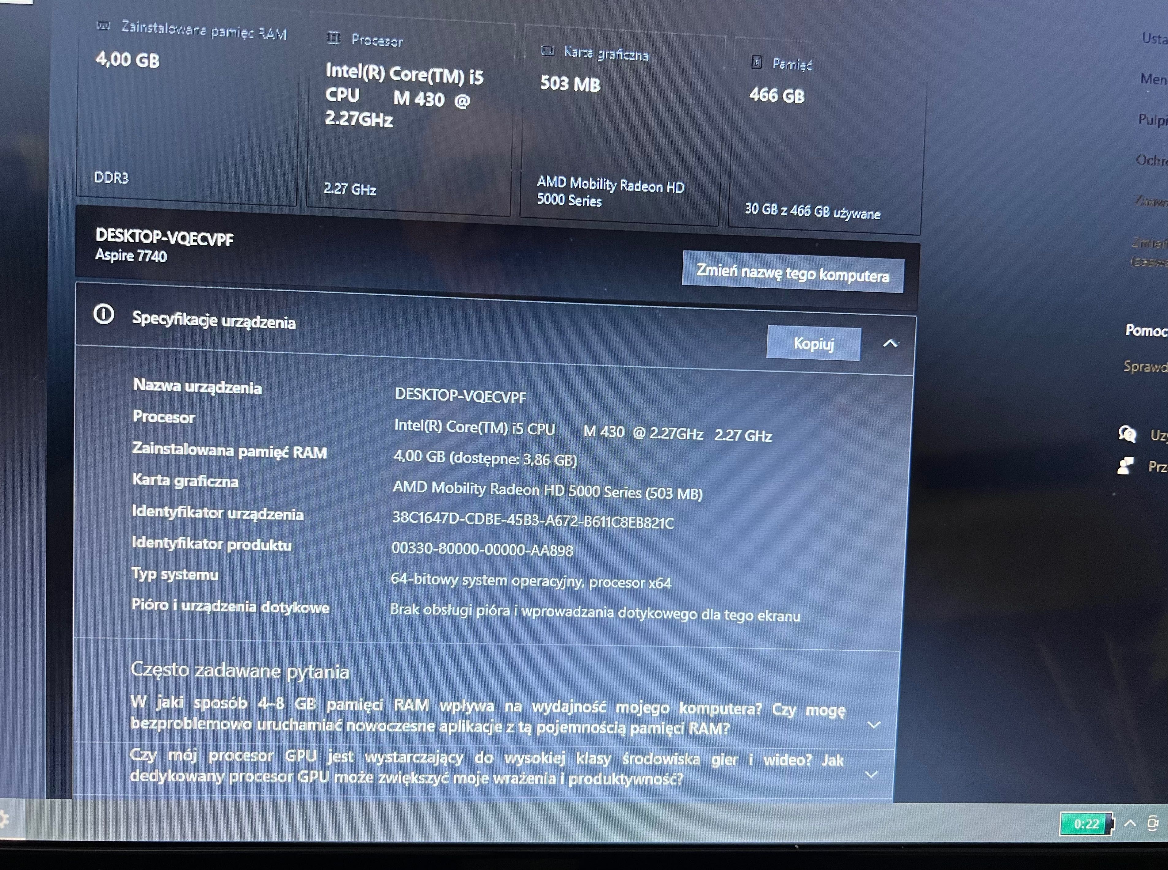 Laptop Acer Aspire 7740G + dodatkowa obudowa