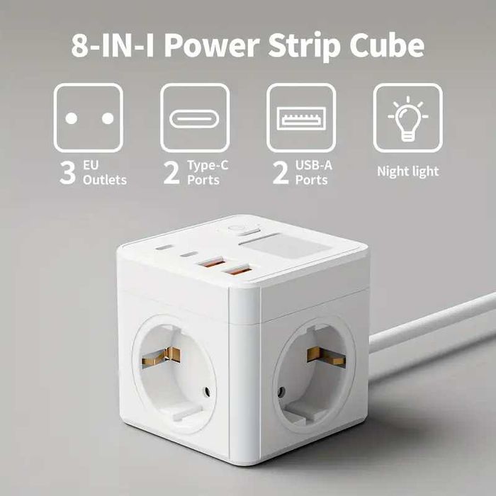Подовжувач-куб мережевий 8-в-1 з 4 USB PD LED-лампа 3 розетки 2500W