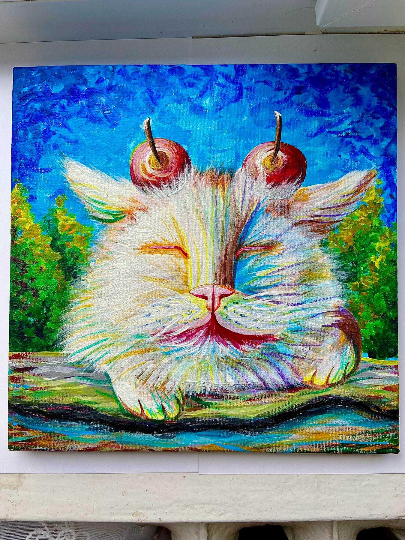Картина кот с вишнями на холсте 25х25 "вишни на коте"