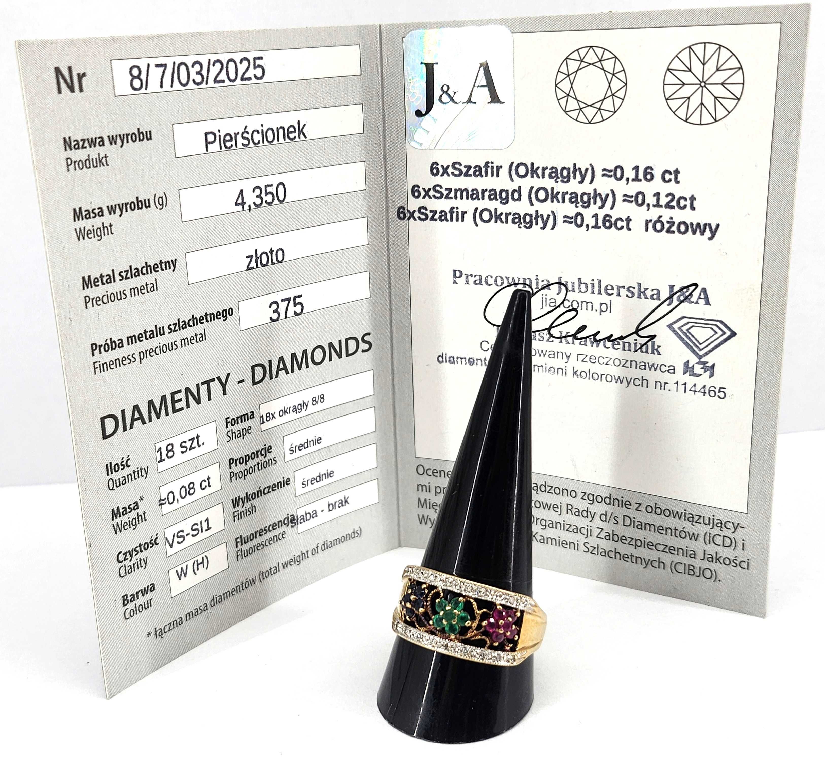 Złoty PIERŚCIONEK ze szmaragdami, szafirami i DIAMENTAMI 4,37G 375 R23