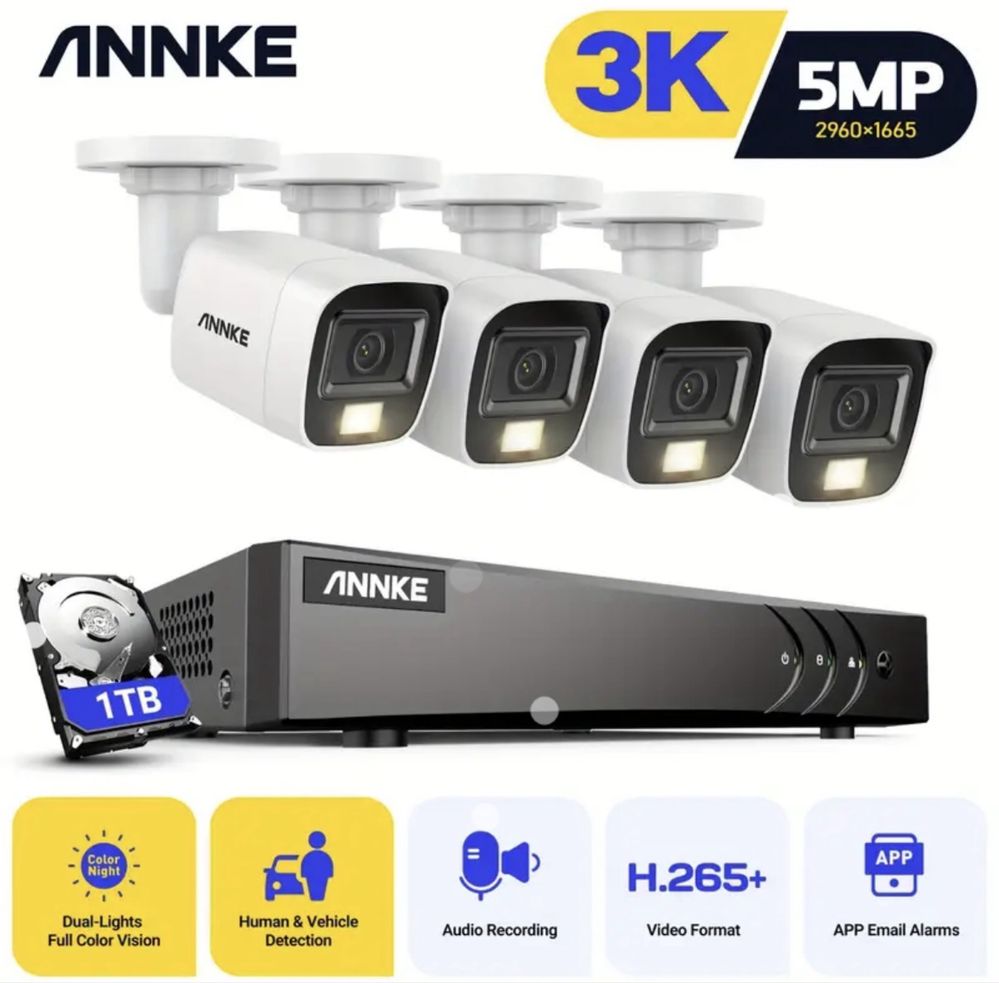Monitoring SANNCE 5MP 3K – 4 kamery + rejestrator + 1TB, nowy!