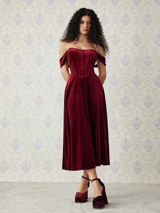 Бордова оксамитова весільна корсетна готична сукня на шнурівці L-XL