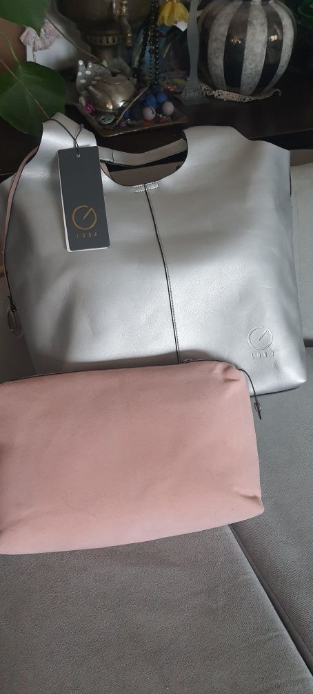 Srebrno-różowa torba szoperka Gosia Baczyńska XL z kosmetyczką w środk