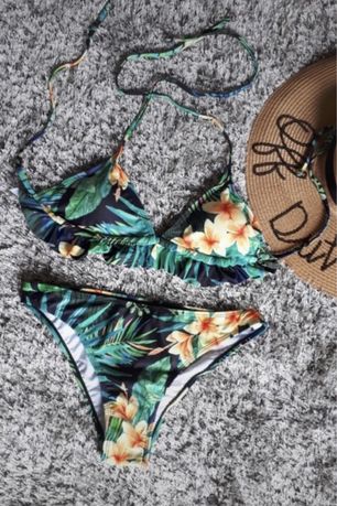 Nowe piękne bikini w kawiaty liście S M strój kąpielowy