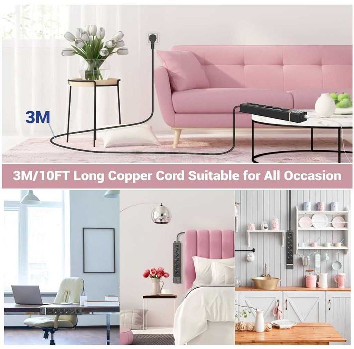 Listwa zasilająca 5 gniazd 3m 4USB ochrona przepięciowa 2400W/10A