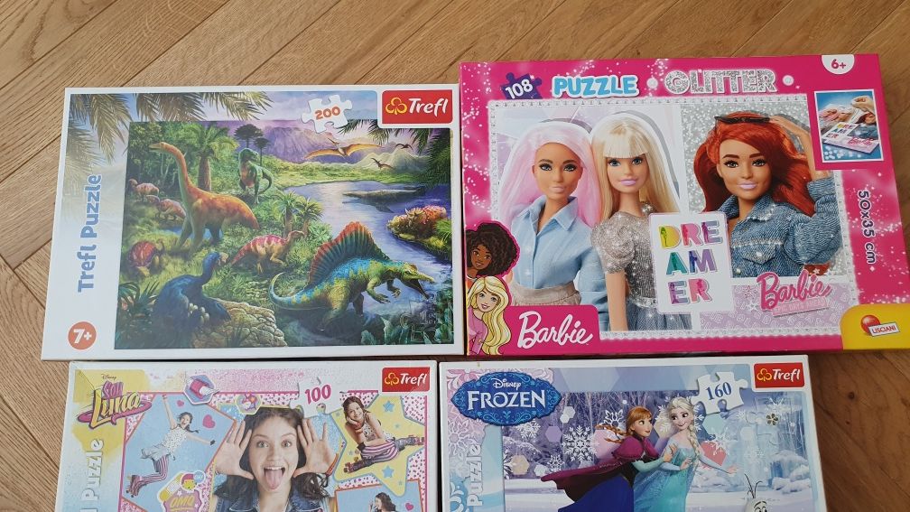 Układanki puzzle 6 zestawów Barbie Frozen Paw Patrol Soy Luna Dinozaur