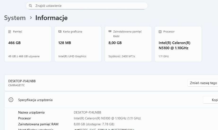 Laptop  Intel 11gen. 500Gb ssd m.2, 8 Gb ddr4 , 17,3 cale + ładowarka