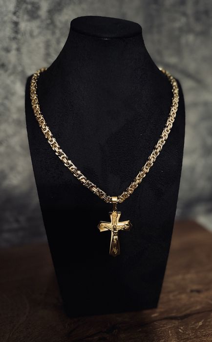Łańcuszek męski splot królewski z krzyżykiem – pozłacany, 60 cm Nowy!