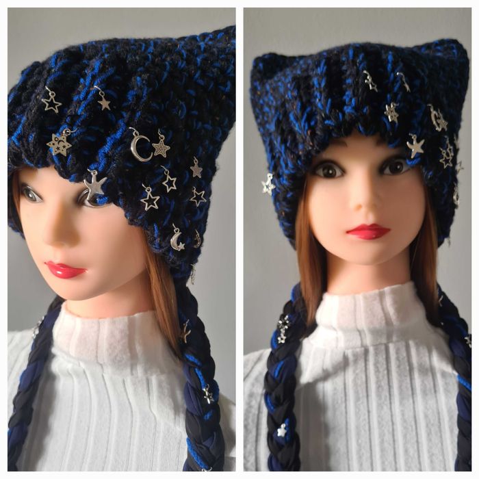 Nowa czapka z kocimi uszami i oryginalnymi ogonami. Hand made