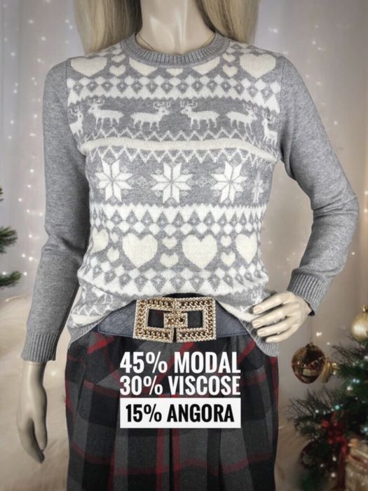 Szary zimowy świateczny sweter damski ze wzorem na święta prezent L 40
