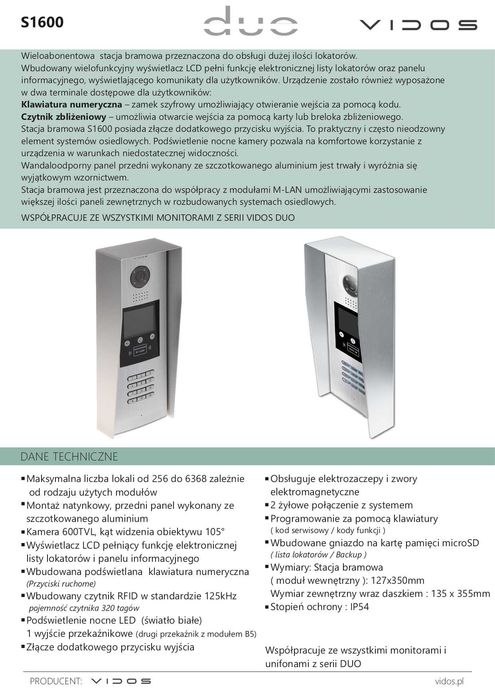 Stacja bramowa wideodomofonu Vidos DuoMulti S1600 Domofon Wyprzedaż-60