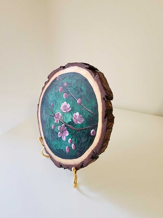 Pintura sobre Fatia de Madeira Rústica - "Ramo de Cerejeira" (19 cm)