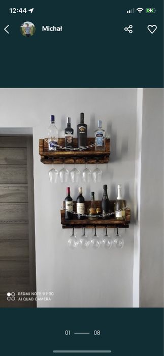 Półka loft barek na alkohol wino kieliszki deska opalana