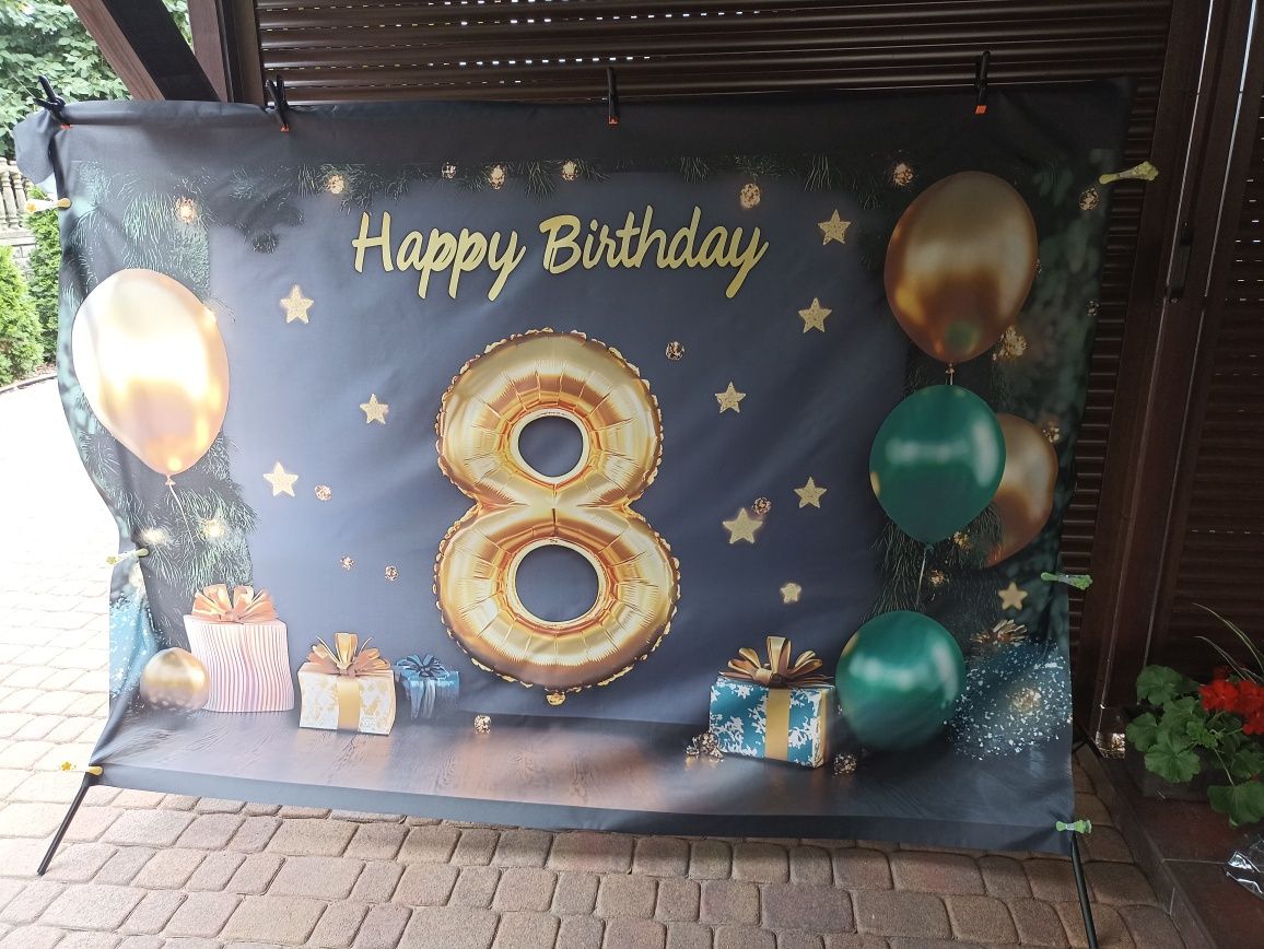 Tło fotograficzne 8 urodziny złoto granat zieleń 150x210