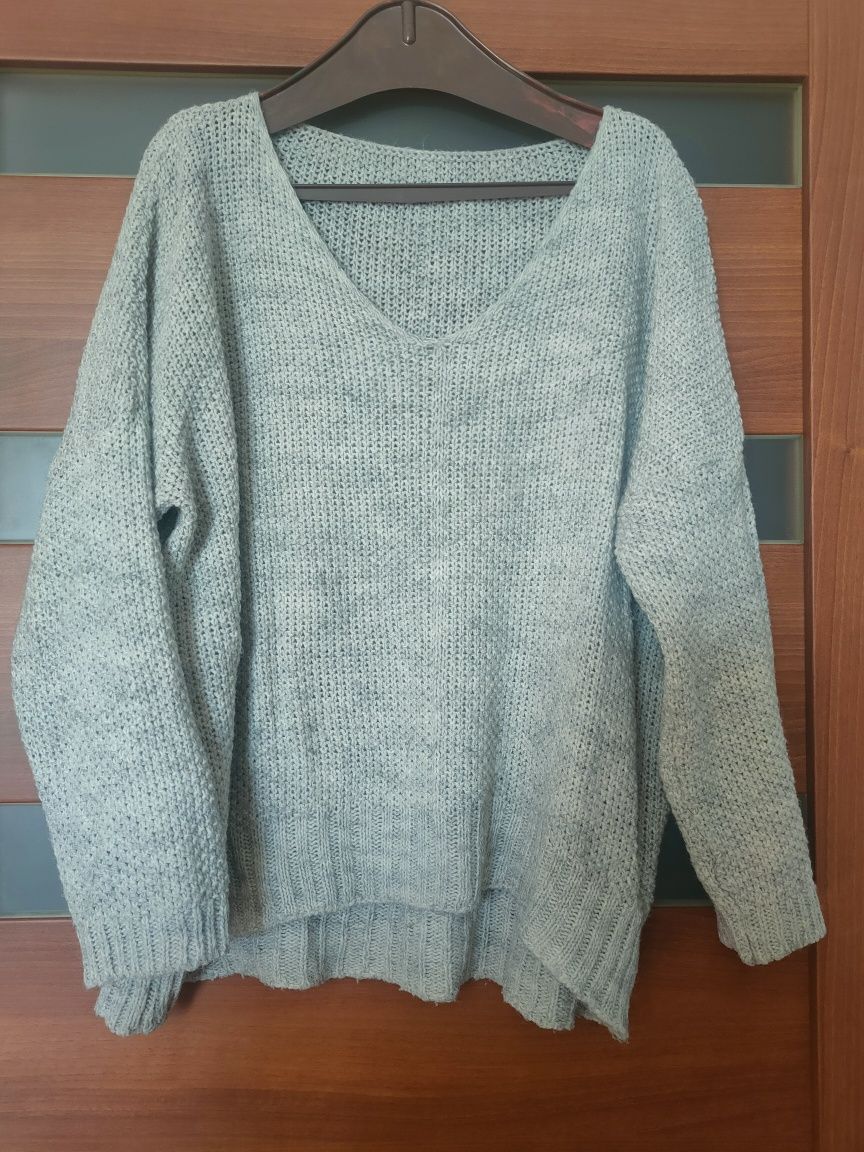 Sweter dzianinowy, sweterek szary oversize, z domieszką wełny