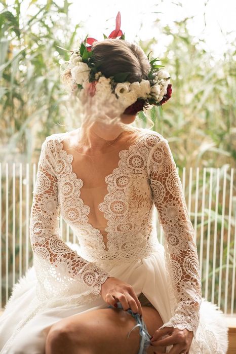 Suknia ślubna BOHO rozmiar XS-S piękna długa muślinowa koronka