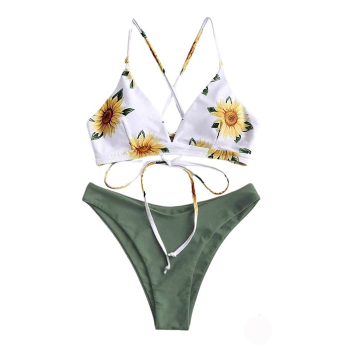 Dwuczęściowy strój kąpielowy w słoneczniki wiązanym stanikiem i