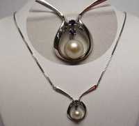 Srebrny naszyjnik perła i szafiry  44 cm.