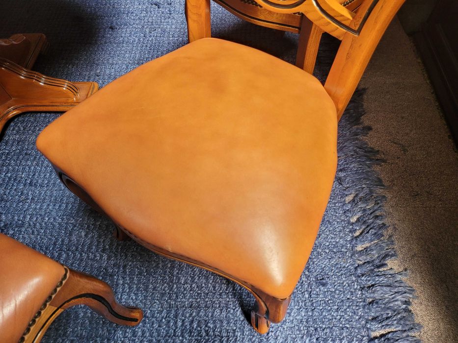 Cadeiras de sala em madeira maciça e pele - Bom est