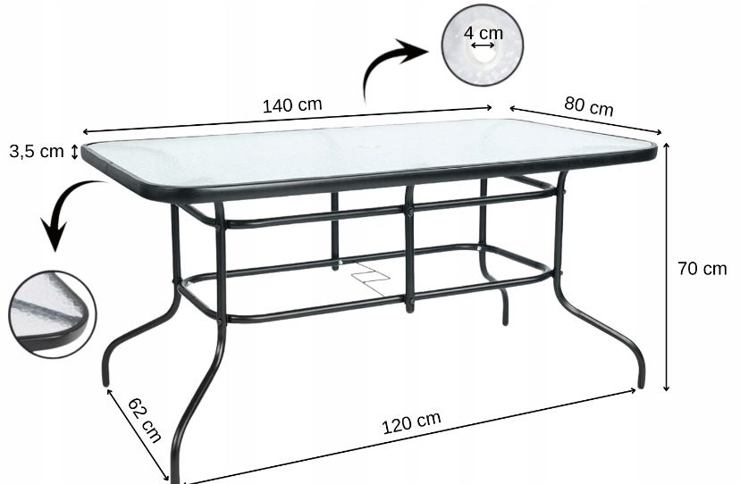 Stół stolik ogrodowy duży szklany 140x80x70 cm