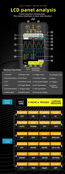 Urzadzenie 2w1 Oscyloskop 2x50Mhz i generator 2 sondy  BSIDE O2