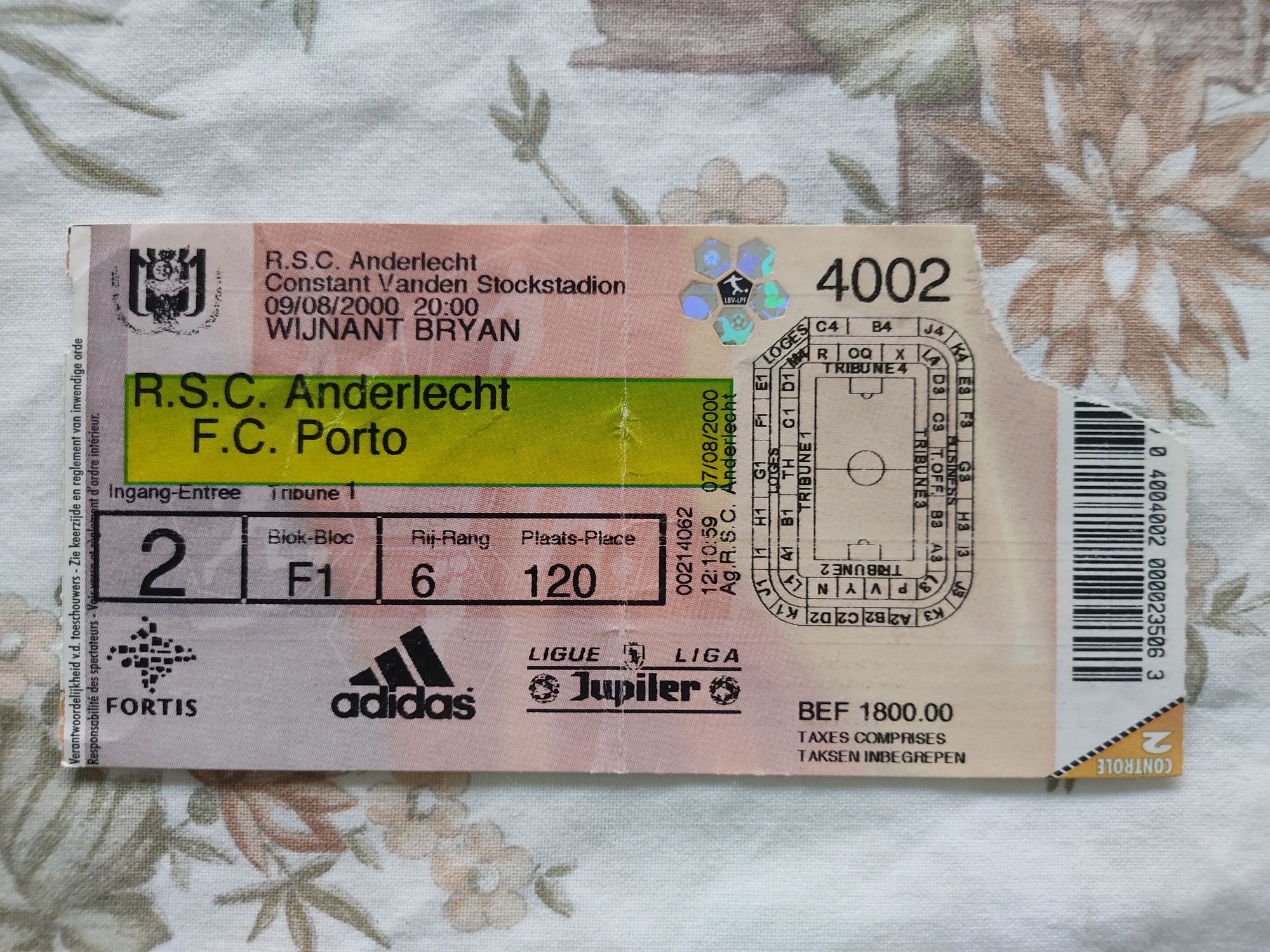 Bilhete Anderlecht FC Porto liga dos campeões 2000