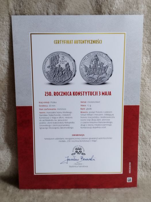 Numizmat / Moneta "230. Rocznica Konstytucji 3 Maja" / Certyfikat itp