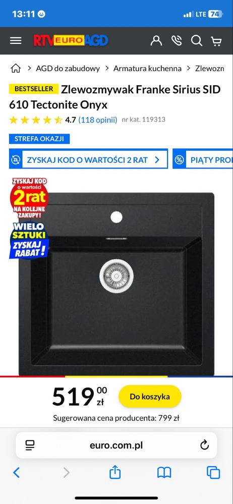 Zlewozmywak firmy FRANKE Sirius Sid 610 Onyx