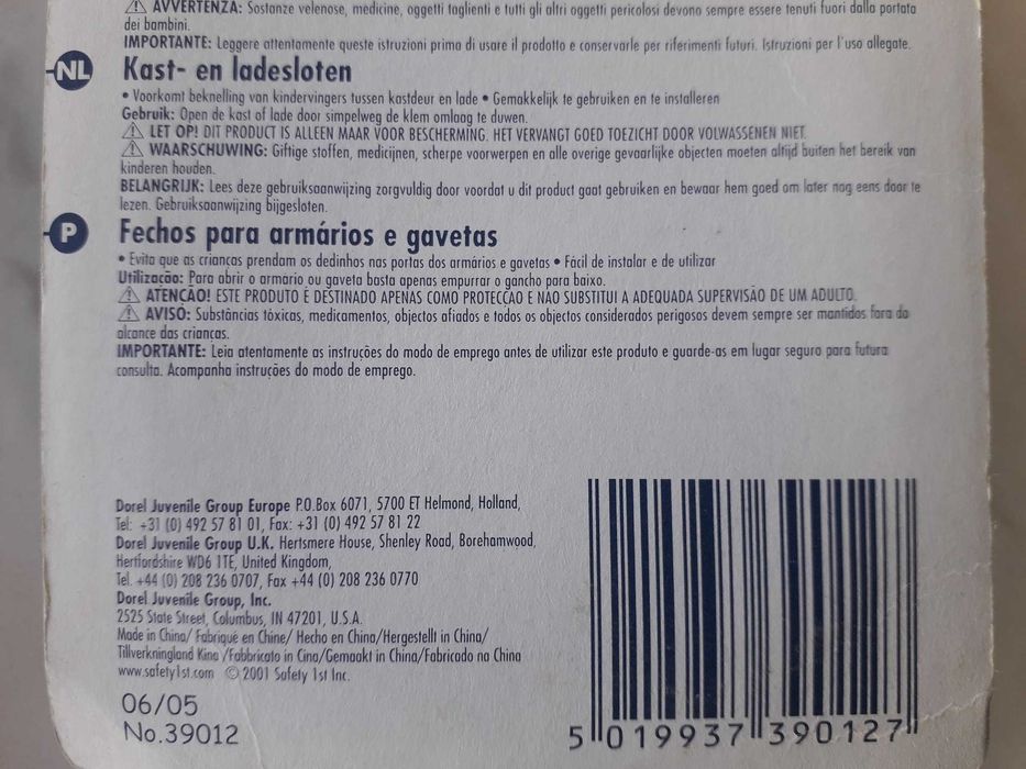 Seguranças para gavetas ou portas de móveis.