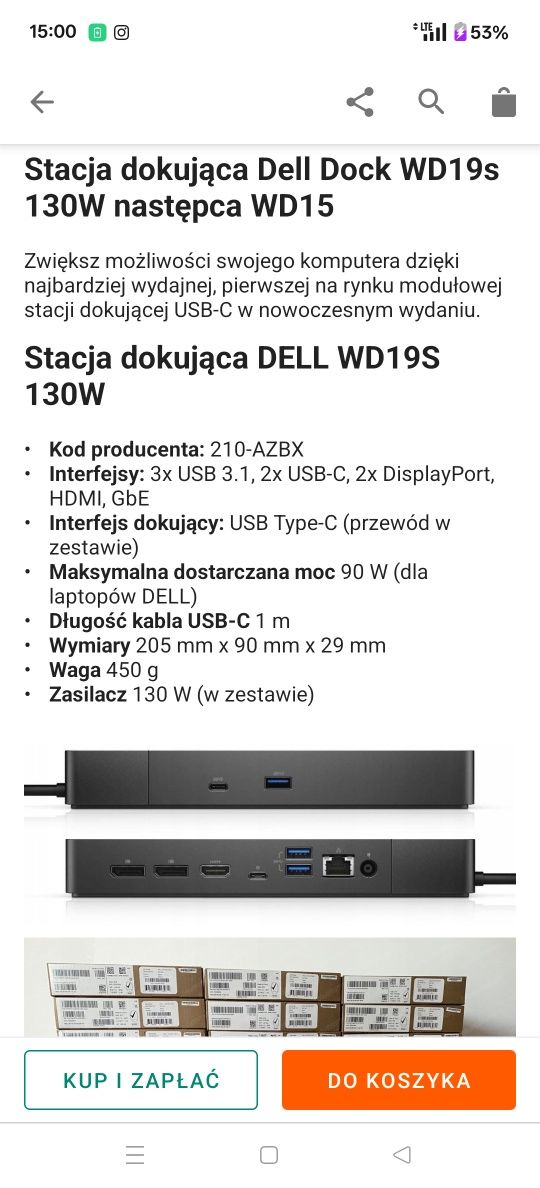 Stacja dokująca / replikator Dell Dock WD19S 130W.