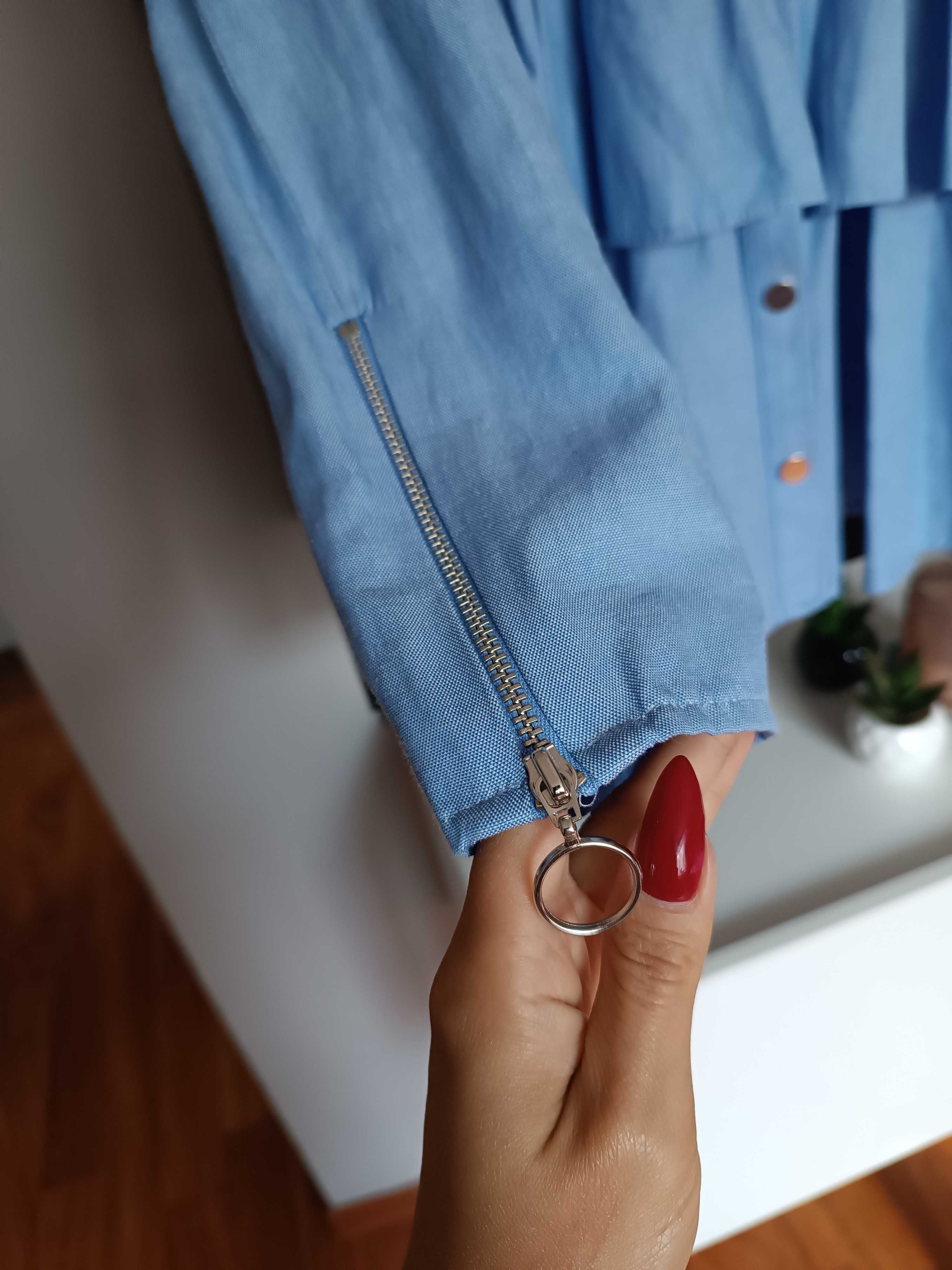 Niebieska koszula z falbaną Zara Basic zatrzaski baby doll