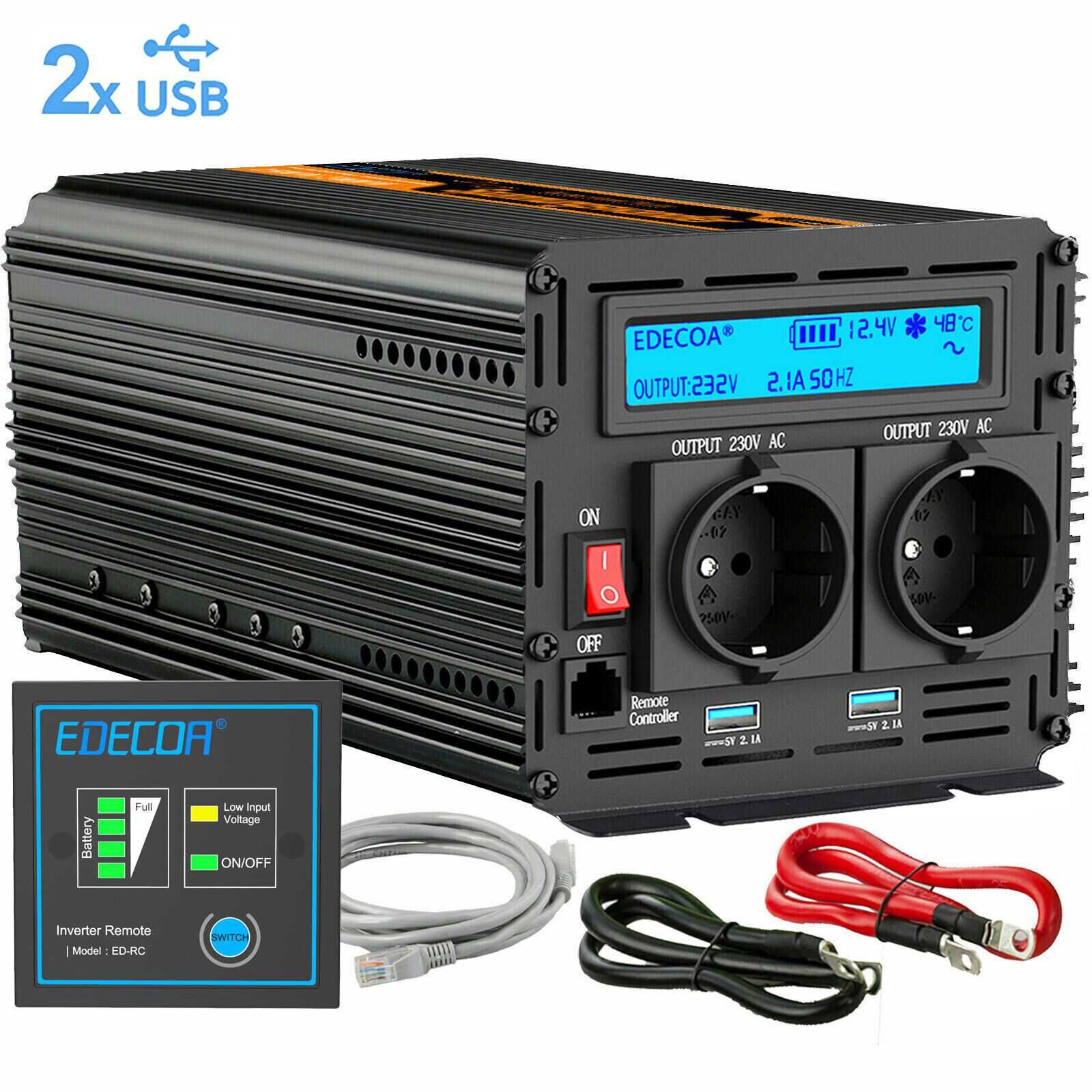 Інвертор Edecoa 1000W/2000W ЧИСТИЙ СІНУС перетворювач 12V