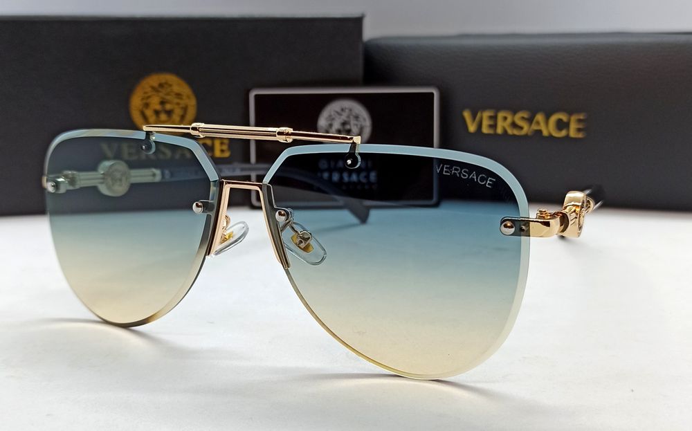 Versace очки унисекс солнцезащитные модные сине бежевые в золот метале