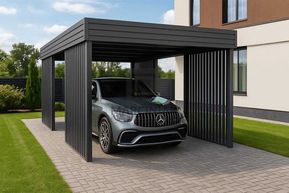 Carport na 1 auto 3x6 RAL 7016 Horyzontal/Pion – zaprojektuj w 3D