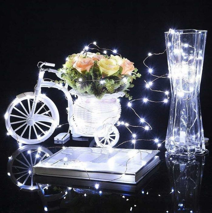 Lampki druciki 50 led białe zimne światełka mikro żyłki na baterie