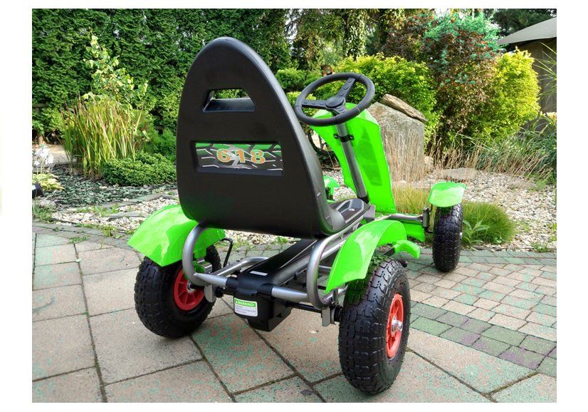 Gokart na pedały pompowane koła hamulec metalowa rama zielony 107cm