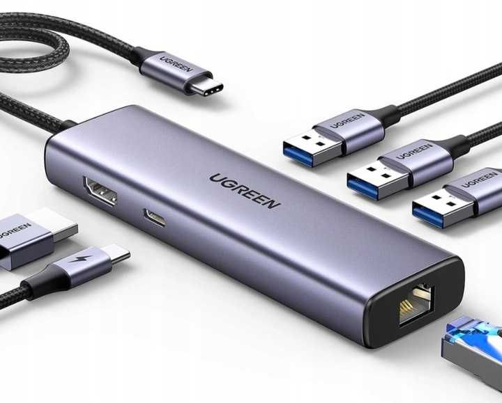 Adapter 1w6 UGREEN CM512 USB-C do 3x USB A 3.0 HDMI RJ45 PD Converter
