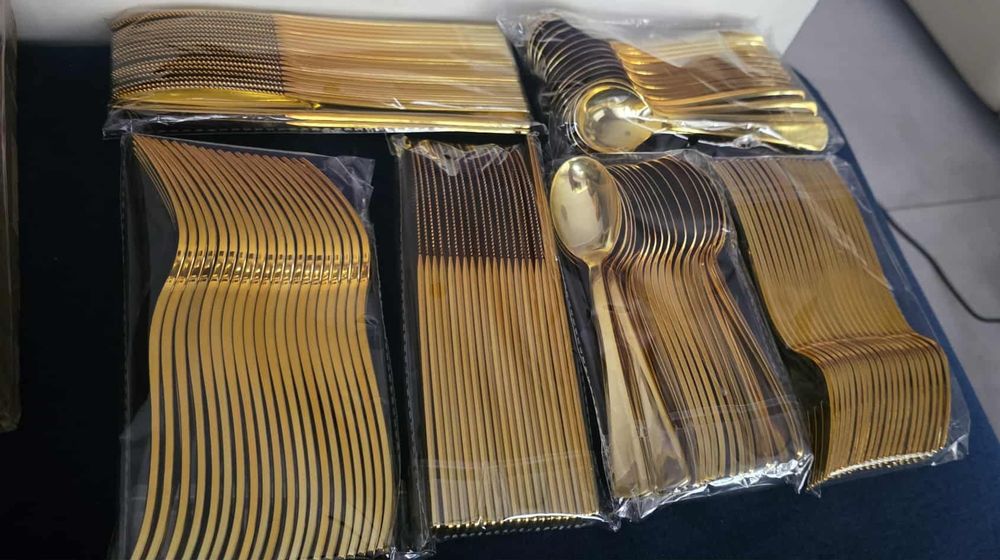 Zestaw sztućce jednorazowe plastikowe ZŁOTE noż widelec łyżka 120 el