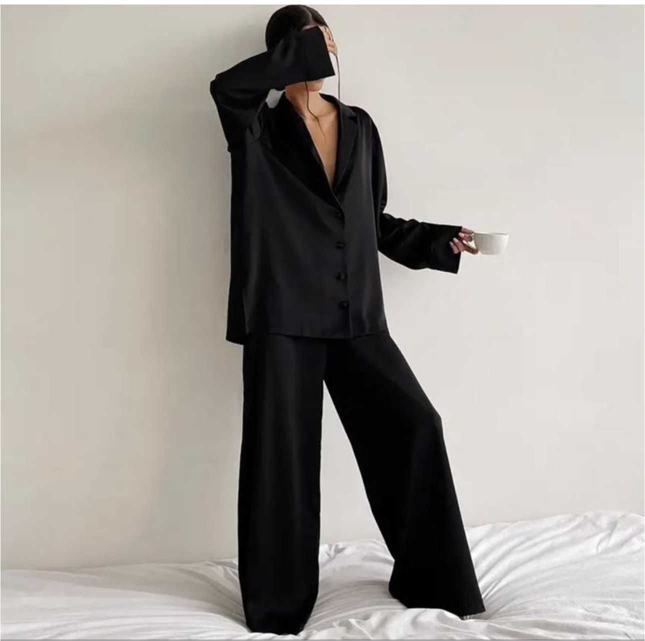 Прогулочный костюм черный, шелковый костюм, домашний костюм Zara