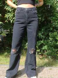 Czarne spodnie wide leg jeans czarne szerokie spodnie z dziurami